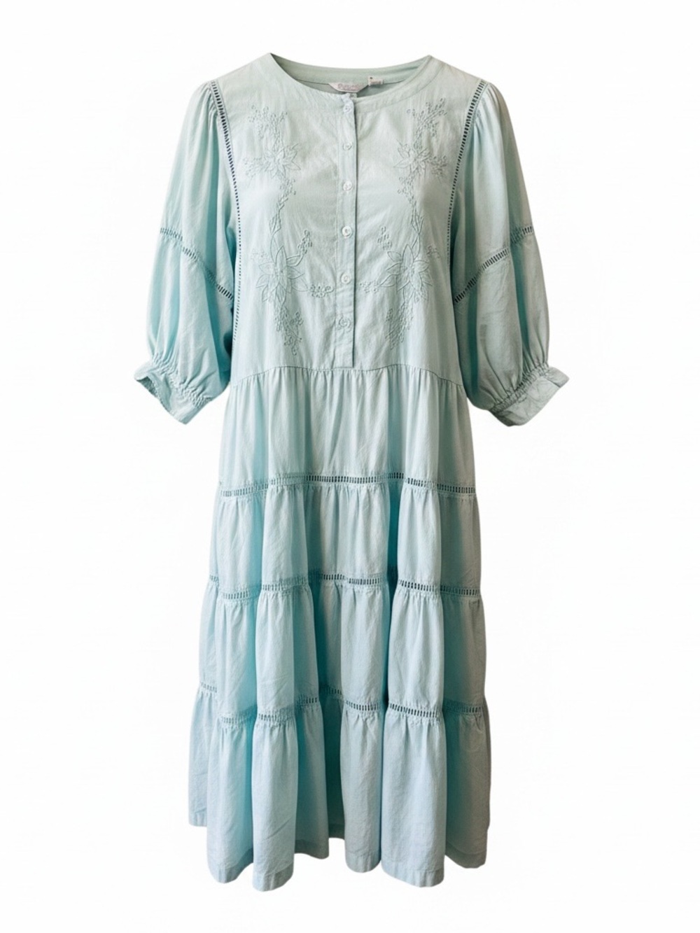 Sabrina By Mervyn's Prairiecore
Midi Dress Sz L Tiered Puff
Sleeves Button‎ Aqua